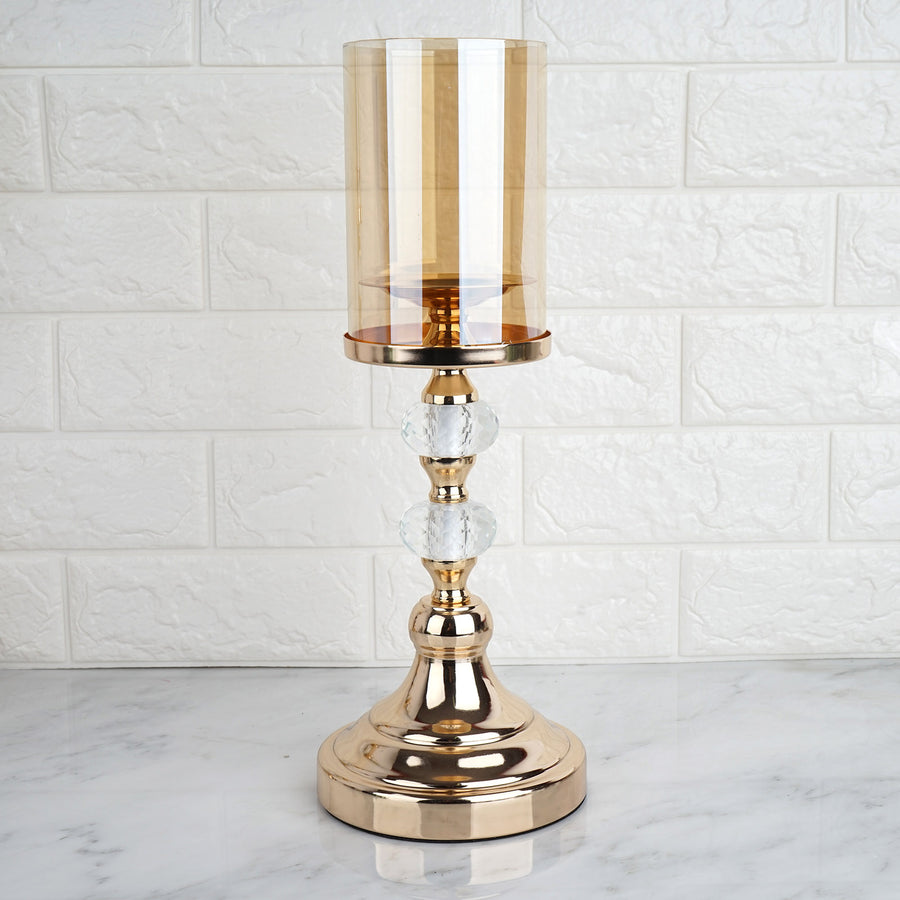 15" Tall Gold Metal Pillar Votive Candle Holder With Hurricane Glass Cover