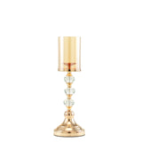 17inch Tall Gold Metal Pillar Candle Holder With Hurricane Glass Tube & Crystal Globes#whtbkgd