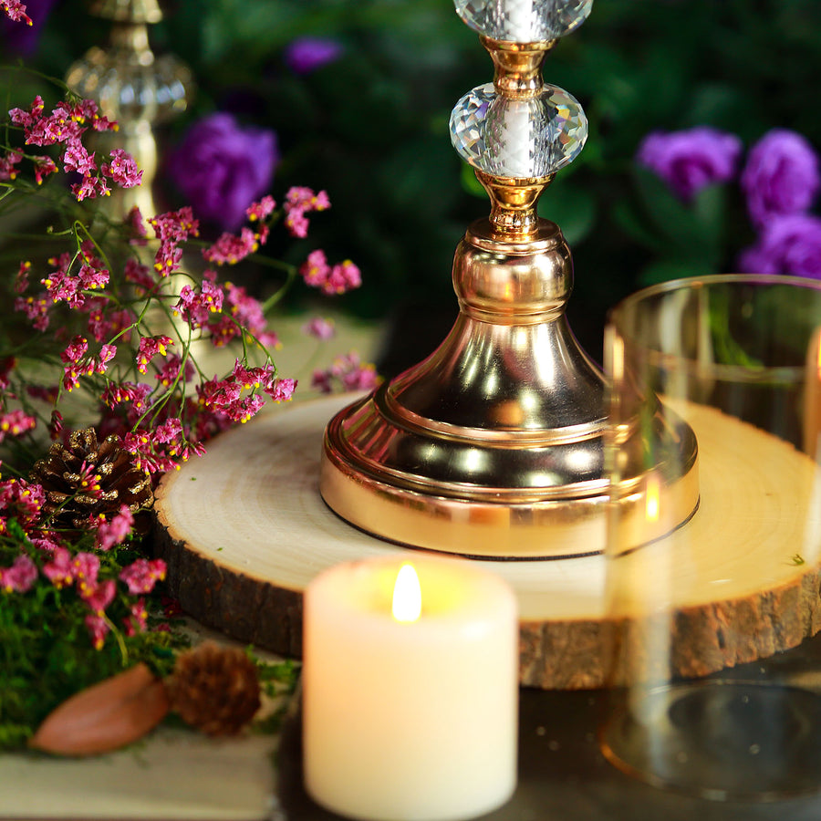 17inch Tall Gold Metal Pillar Candle Holder With Hurricane Glass Tube & Crystal Globes