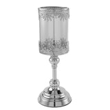 Tall Hurricane Glass Pillar Candle Holder, Lace Design Votive Candle Stand - Antique Silver#whtbkgd