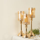Set of 3 | Antique Gold Hurricane Glass Pillar Candle Holders, Lace Design Votive Candle Stands
