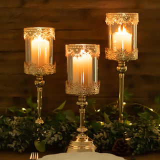 Elevate Your Event Decor with Antique Gold Hurricane Glass Pillar Candle Holders
