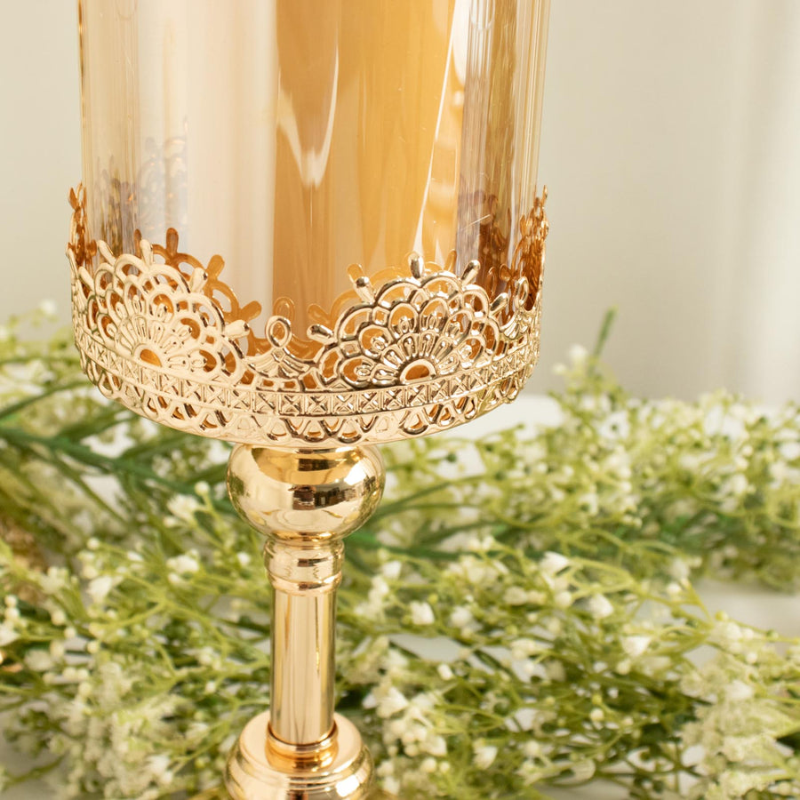 Set of 3 | Antique Gold Hurricane Glass Pillar Candle Holders, Lace Design Votive Candle Stands