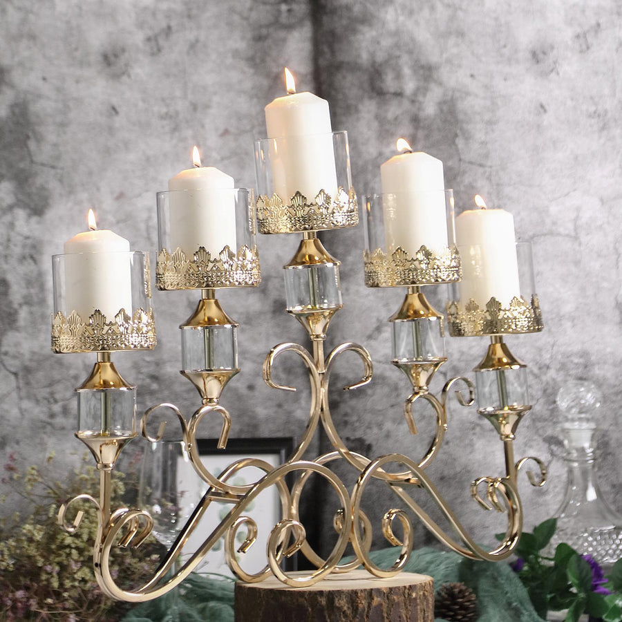 Antique Gold Metal 5 Arm Pillar Candle Table Candelabra Hurricane Glass Votive Candle Holders