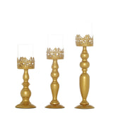 Set of 3 | Antique Gold Lace Hurricane Glass Pillar Candle Holders - 12inch/14inch/17inch#whtbkgd