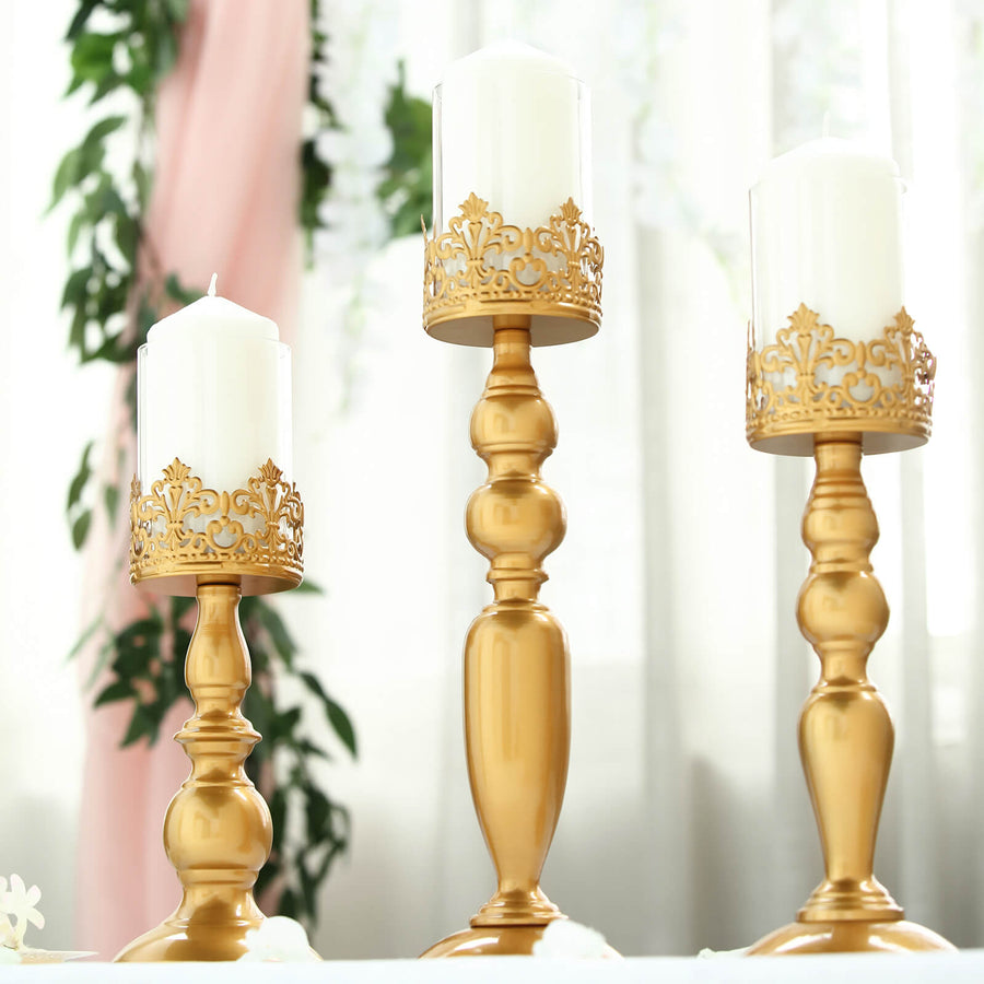 Set of 3 | Antique Gold Lace Hurricane Glass Pillar Candle Holders - 12inch/14inch/17inch