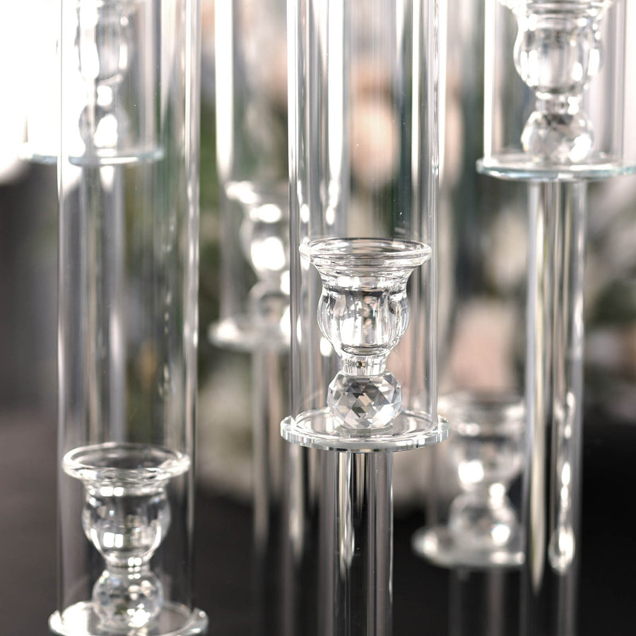 33inch Clear 7 Arm Crystal Cluster Round Taper Candelabra, Candle Holder Pillar Candles Mirror Base