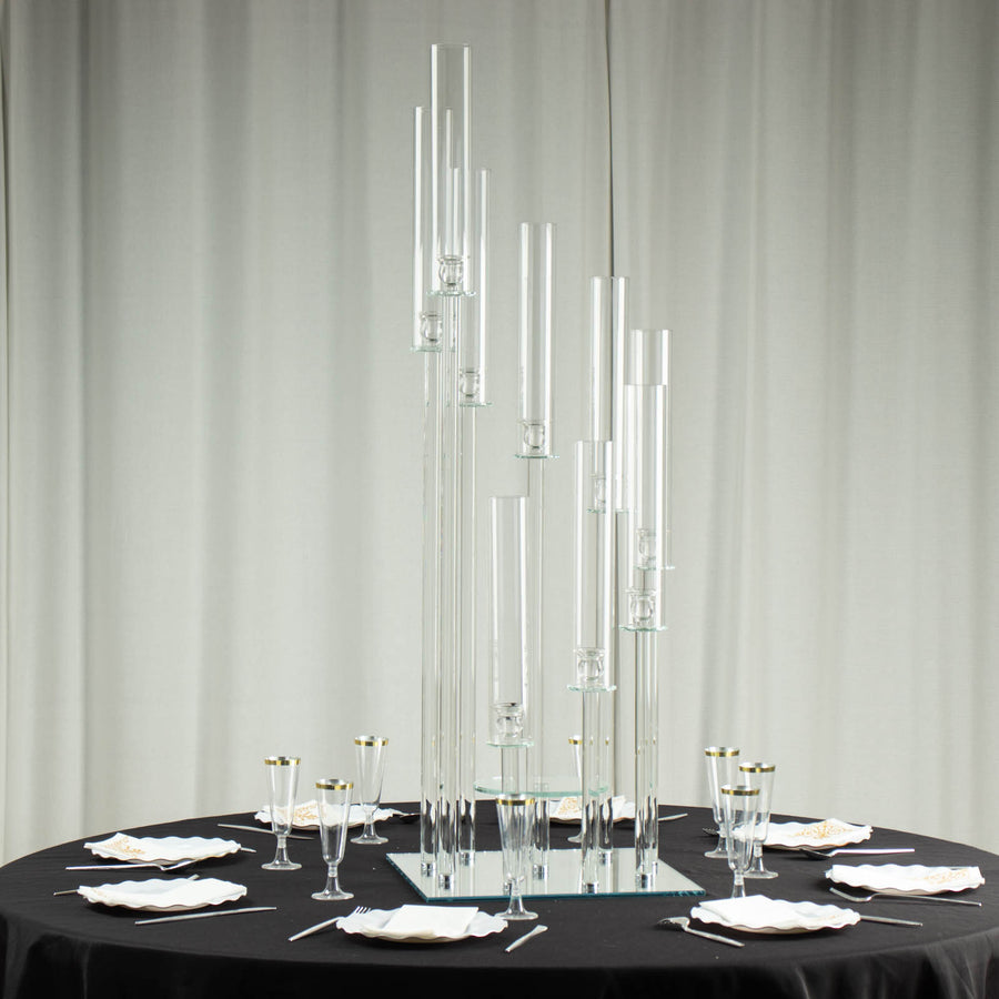4ft Crystal 9-Arm Cluster Glass Taper / Pillar Square Candle Stand, Hurricane Candle Holder Floral
