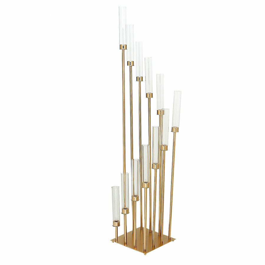 Gold 12 Arm Cluster Taper Candle Holder With Clear Glass Shades, Large Candle Arrangement#whtbkgd