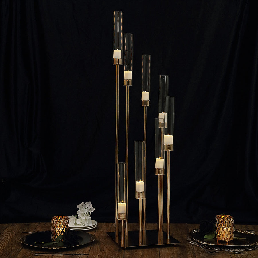 42inches Gold 8 Arm Cluster Taper Candle Holder With Clear Glass Shades, Large Candle Arrangement