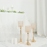 Set of 3 | Gold Metal Crystal Beaded Goblet Tea Light Candle Holders