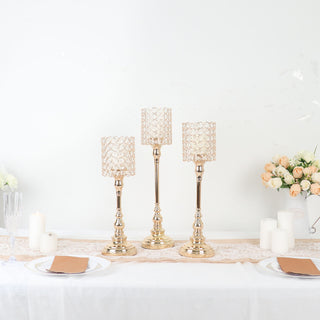 Add Elegance to Your Space with Gold Metal Crystal Beaded Goblet Tea Light Candle Holders