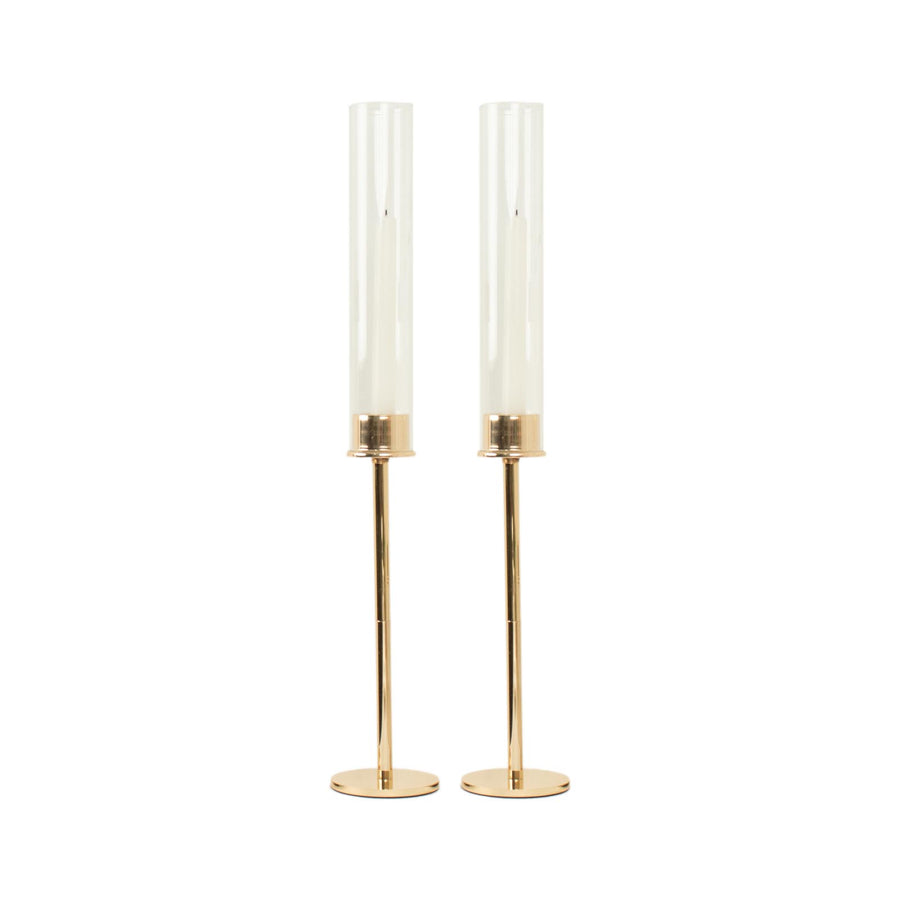 2 Pack | 20inch Gold Metal Clear Glass Hurricane Candle Stands With Glass Chimney Shades#whtbkgd