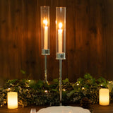 2 Pack | 20inch Silver Metal Clear Glass Hurricane Candle Stands With Glass Chimney Candle Shades
