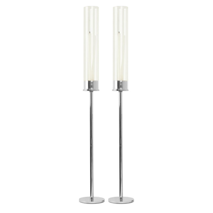 2 Pack | 24inch Silver Metal Clear Glass Hurricane Candle Stands With Glass Chimney Shades
#whtbkgd