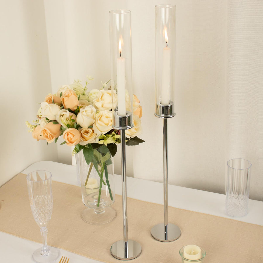 2 Pack | 24inch Silver Metal Clear Glass Hurricane Candle Stands With Glass Chimney Candle Shades
