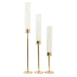 Set of 3 | Gold Metal Clear Glass Hurricane Candle Stands With Glass Chimney Candle Shades#whtbkgd