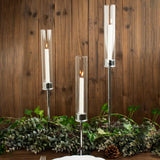 Set of 3 | Silver Metal Clear Glass Hurricane Candle Stands, Taper Candlestick Holders