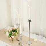 Set of 3 | Silver Metal Clear Glass Hurricane Candle Stands, Taper Candlestick Holders