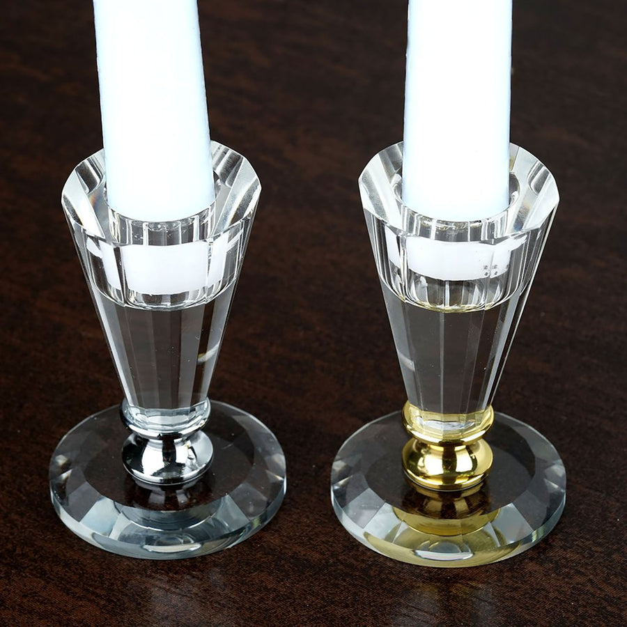 3inch Tall Gemcut Premium Crystal Glass Taper Candlestick Holder Stand With Gold Metal Stem