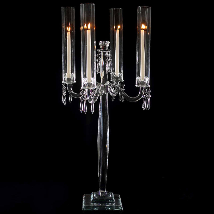 36inc | 4 Arm Premium Crystal Glass Taper Candle Holder Candelabra with Chandelier Chains