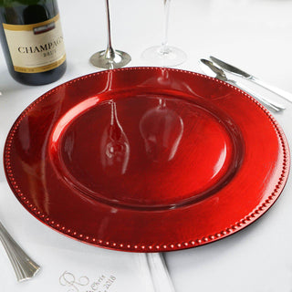 Add Elegance to Your Table with the 6 Pack 13" Beaded Red Acrylic Charger Plate