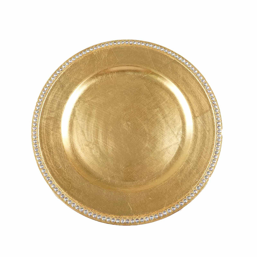 6 Pack | 13Inch Metallic Gold Round Acrylic Charger Plates With Rhinestones#whtbkgd
