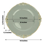 6 Pack | 13inch Dusty Sage Gold Embossed Baroque Round Charger Plates With Antique Design Rim