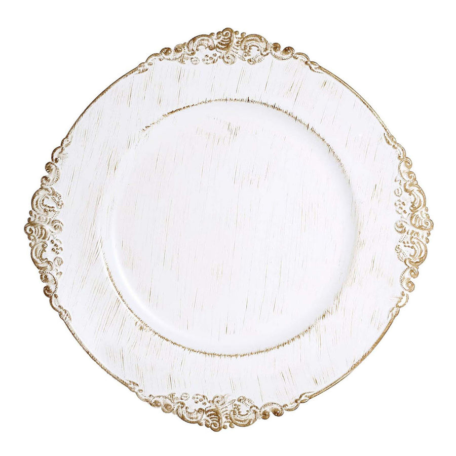 6 Pack | 13inch White Washed Gold Embossed Baroque Charger Plates, Round With Antique Design Rim#whtbkgd