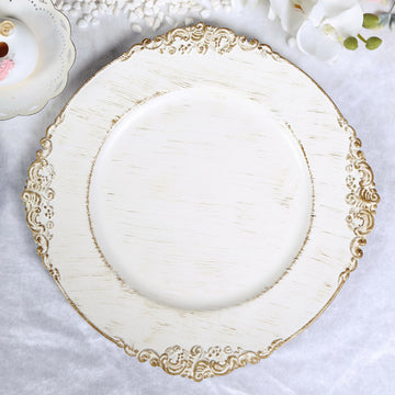 6 Pack 13" White Washed Gold Embossed Baroque Charger Plates, Round With Antique Design Rim
