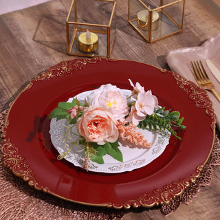Elevate Your Table Settings with Burgundy Gold Embossed Baroque Round Charger Plates