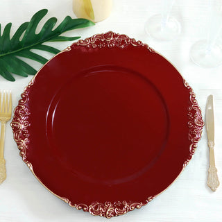 Add Elegance to Your Table with Burgundy Gold Embossed Baroque Round Charger Plates