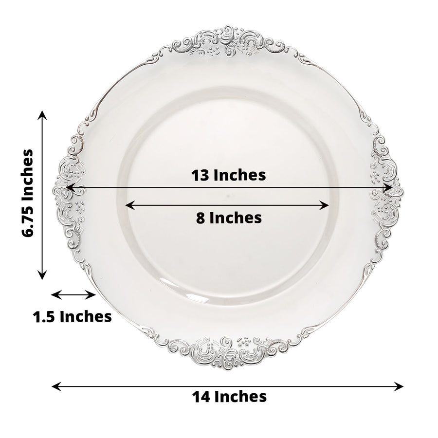6 Pack | 13inch Clear Silver Embossed Baroque Round Charger Plates With Antique Design Rim