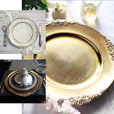 6 Pack | 13inch Silver Embossed Baroque Round Charger Plates With Antique Design Rim
