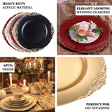 6 Pack | 13inch Clear Rose Gold Embossed Baroque Round Charger Plates With Antique Design Rim