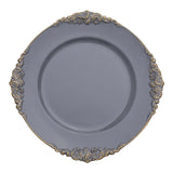 6 Pack | Charcoal Gray Gold Embossed Baroque Round Charger Plates With Antique Design Rim#whtbkgd