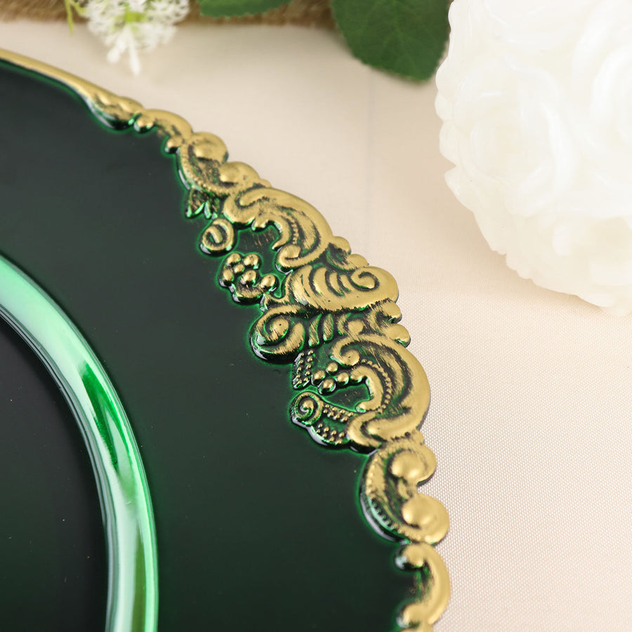 13Inch Hunter Emerald Green Gold Embossed Baroque Round Charger Plates With Antique Design Rim