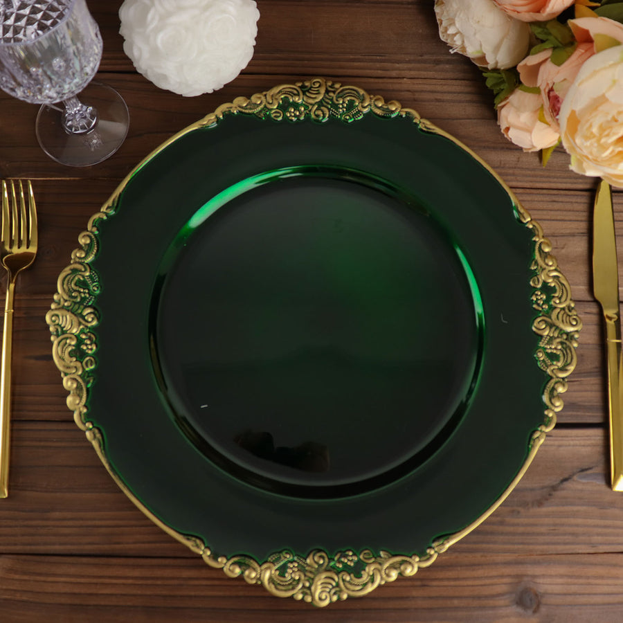 13Inch Hunter Emerald Green Gold Embossed Baroque Round Charger Plates With Antique Design Rim