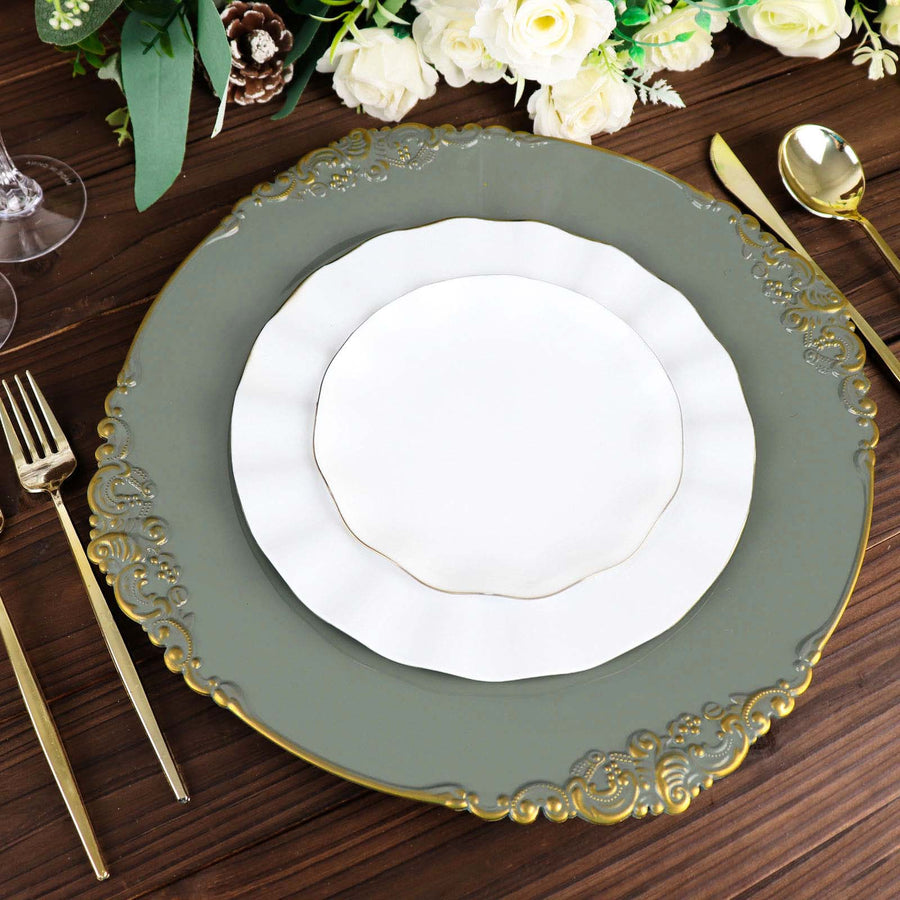 6 Pack | 13inch Olive Green Gold Embossed Baroque Round Charger Plates With Antique Design Rim