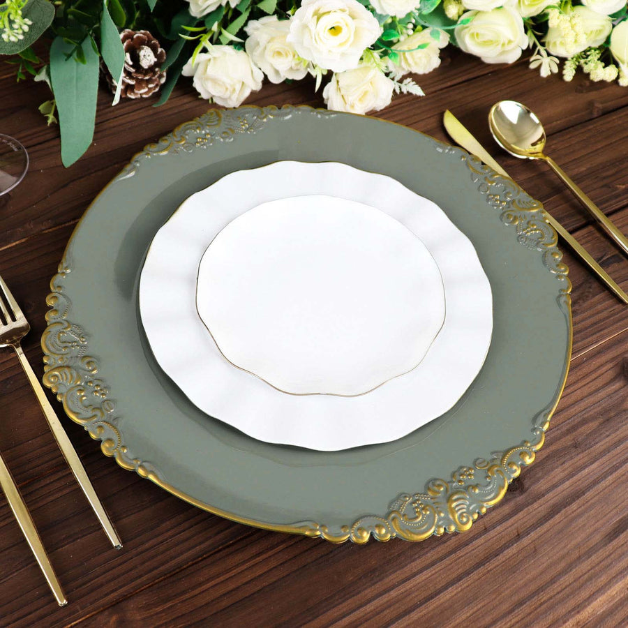 6 Pack | 13inch Olive Green Gold Embossed Baroque Round Charger Plates With Antique Design Rim
