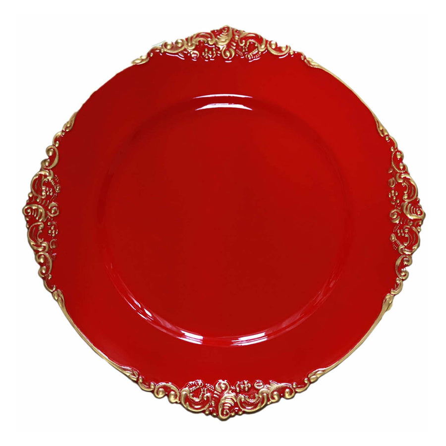 6 Pack | 13inch Red Gold Embossed Baroque Round Charger Plates With Antique Design Rim#whtbkgd