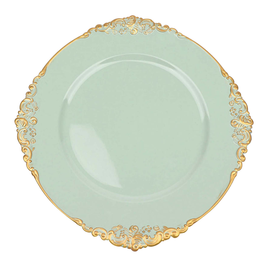 6 Pack 13inch Sage Green Gold Embossed Baroque Round Charger Plates With Antique Design Rim#whtbkgd