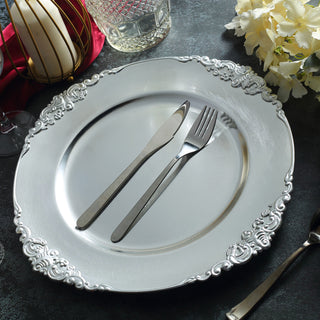 Elegant Silver Embossed Baroque Round Charger Plates