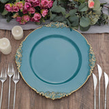6 Pack | 13inch Peacock Teal Gold Embossed Baroque Round Charger Plates With Antique Design Rim