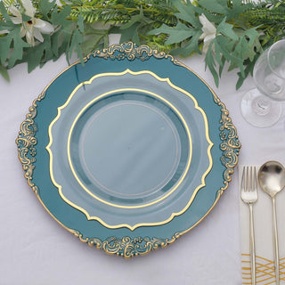 Create a Stunning Table Setting with Peacock Teal Gold Embossed Charger Plates
