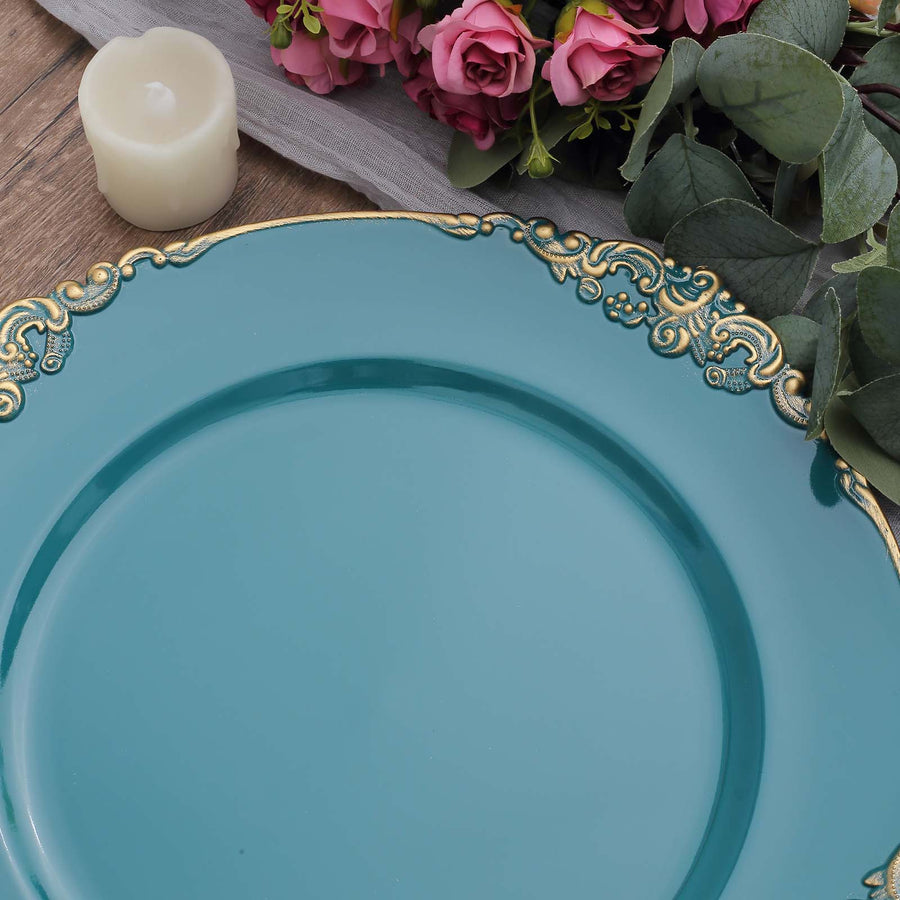6 Pack | 13inch Peacock Teal Gold Embossed Baroque Round Charger Plates With Antique Design Rim