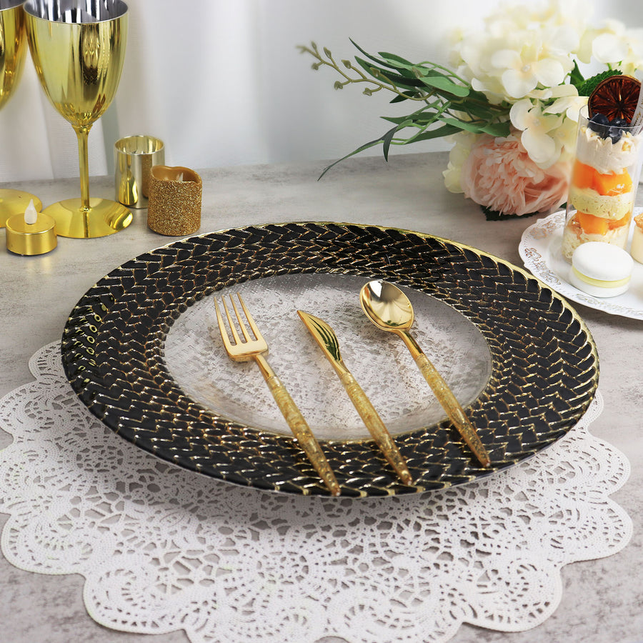8 Pack | 13inch Luxurious Black/Gold Braided Rim Glass Charger Plates
