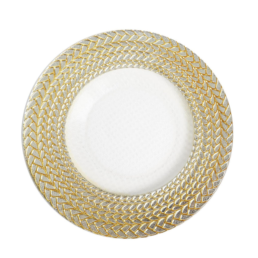 8 Pack | 13inch Luxurious Silver/Gold Braided Rim Glass Charger Plates#whtbkgd