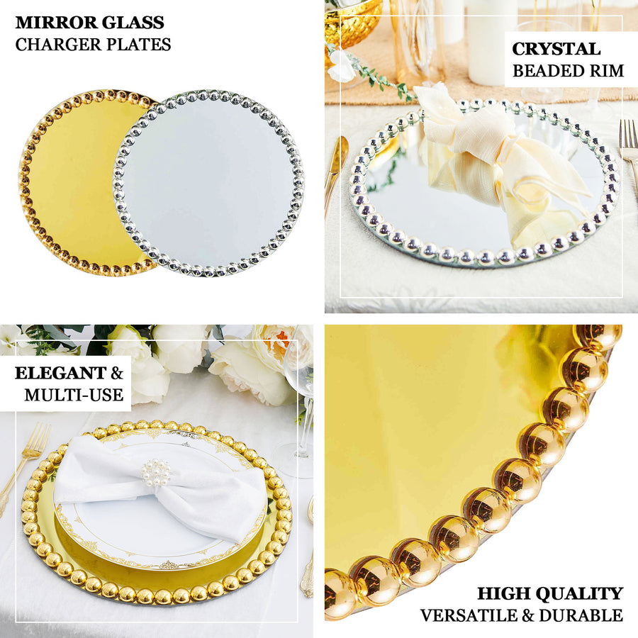 2 Pack | 13inch Gold Mirror Glass Charger Plates with Pearl Beaded Rim