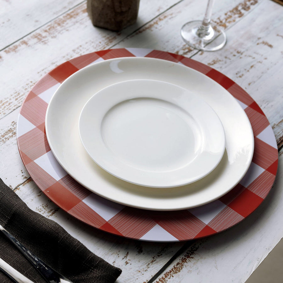 4 Pack | 13inch Red/White Buffalo Plaid Metal Charger Plates, Checkered Picnic Dinner Charger Plates